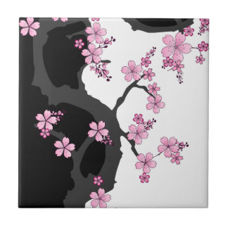 Azulejo Kimono japonés Sakura negro y rosa blanco