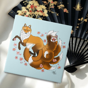 Azulejo Kitsune Zorro Caprichoso Flor de Cerezo Azul Fanta