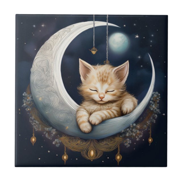 Azulejo Kitten Asleep On Crescent Moon (Objeto) (Frente)