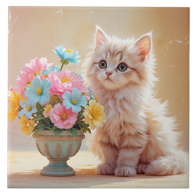 Azulejo Kitty Adorable con Bouquet de flores (Frente)