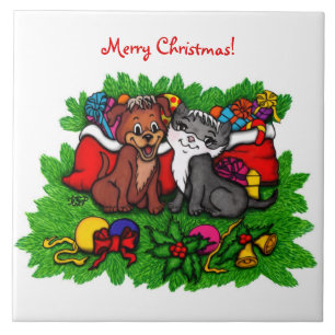 Azulejo Kitty and Puppy , Happy XMas