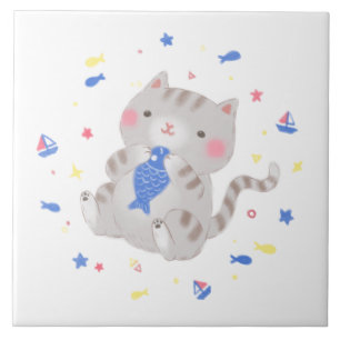 Azulejo Kitty lindo con pescado en Ilustracion de verano