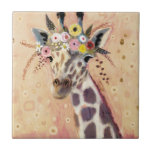 Azulejo Klimt Giraffe | Adornadas En Flores<br><div class="desc">Esta imagen muestra una jirafa dulce adornada con una corona de flores | Por Victoria Borges</div>