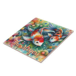 Azulejo Koi Fish Whimsical Watercolor Naranja Personalizad