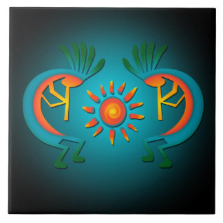 Azulejo Kokopelli con Sun Verde azulada Design 6"