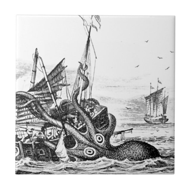 Azulejo Kraken/pulpo Eatting un barco pirata, negro/blanco (Frente)