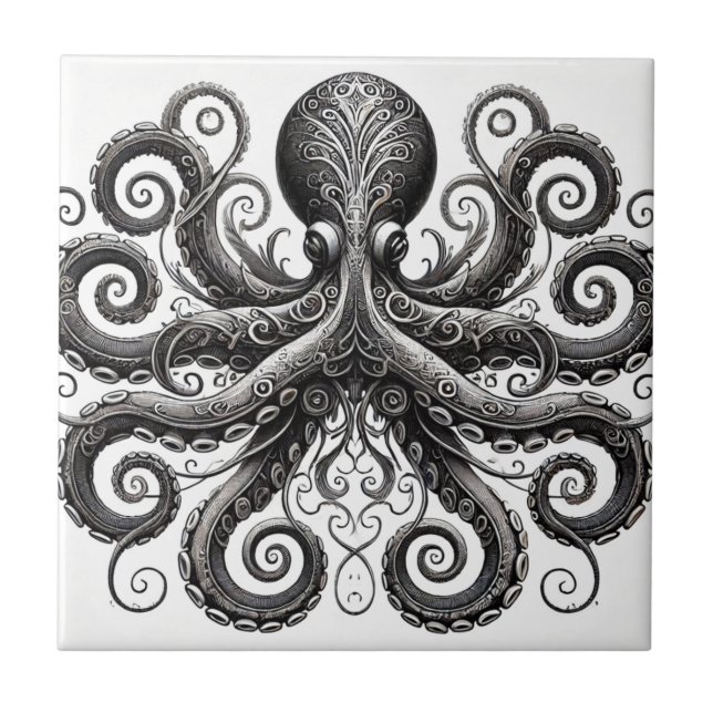 Azulejo Kraken Steampunk Octopus Ornate Black (Frente)