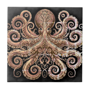 Azulejo Kraken Steampunk Octopus Ornate Gold y Black