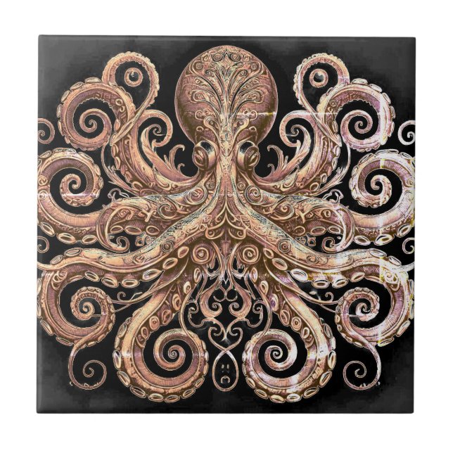 Azulejo Kraken Steampunk Octopus Ornate Gold y Black (Frente)