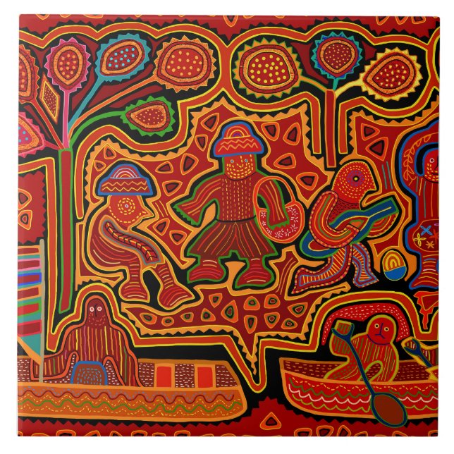 Azulejo Kuna Indian Mola Men in Boats (Frente)