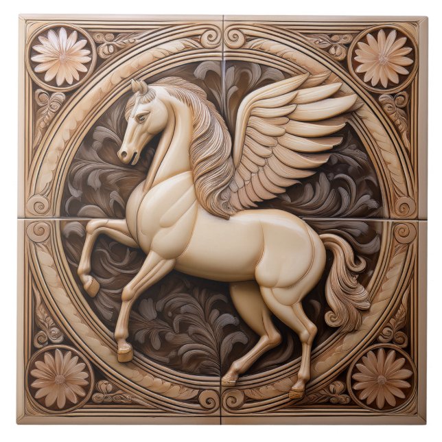 Azulejo L Beige faux relief Art Nouveau Winged Horse (Frente)