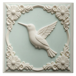 Azulejo L Mint green faux relief Art Nouveau Hummingbird 