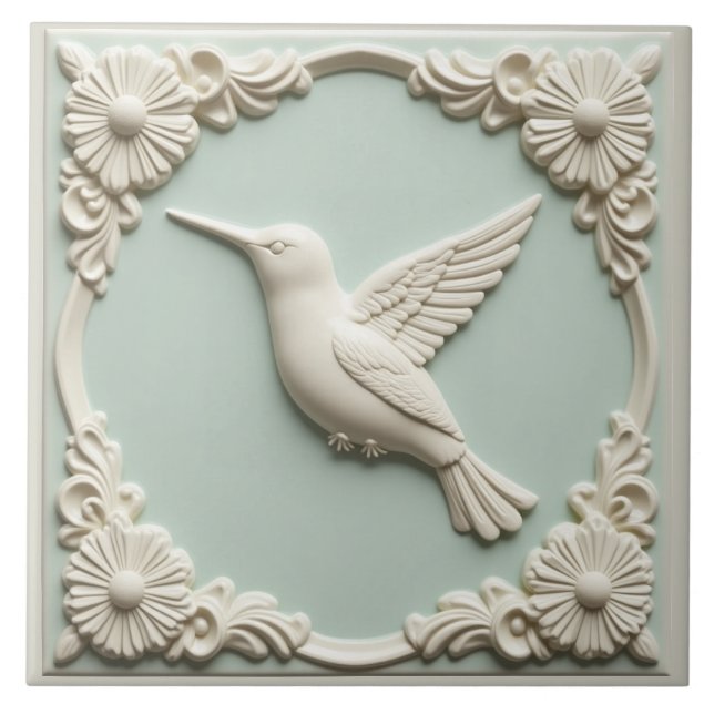 Azulejo L Mint green faux relief Art Nouveau Hummingbird  (Frente)
