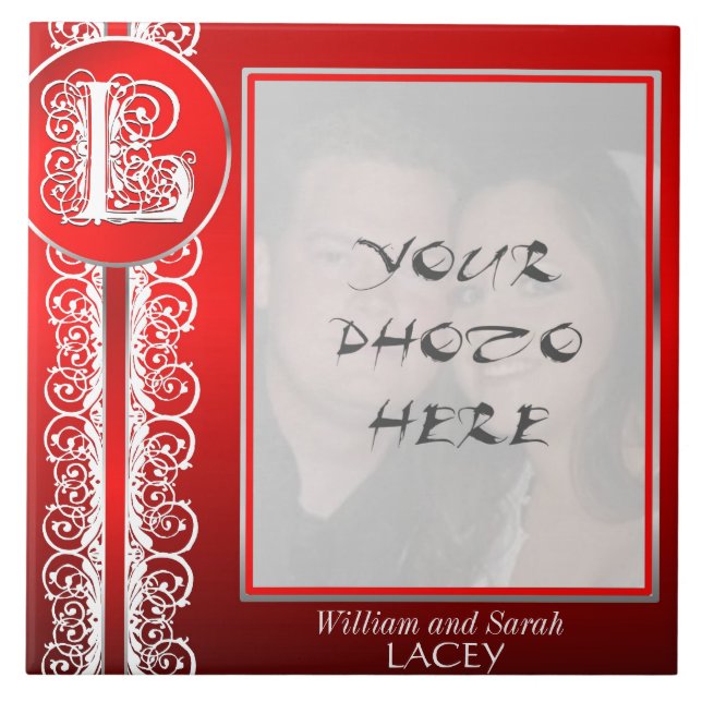 Azulejo L Monograma "Blanco encaje sobre rojo" con foto -  (Frente)