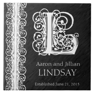 Azulejo L Monograma "Lazo blanco sobre negro" Boda Tile