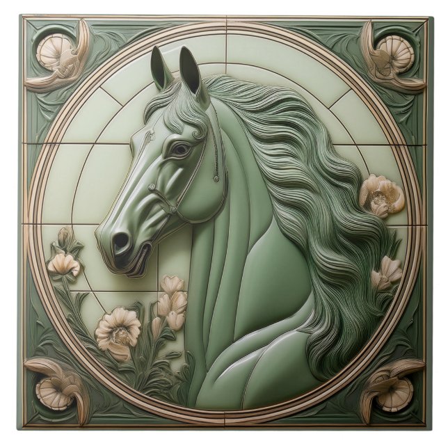 Azulejo L Sage green faux relief Art Nouveau Horse Head (Frente)