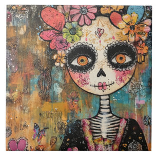 Azulejo La Catrina Esqueleto con Corona de Flores