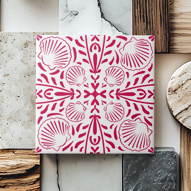 Azulejo La cocina de la cocina de la zona costera roja de  (Red Coastal Sheashell Coral Kitchen Backsplash Ceramic Tile)