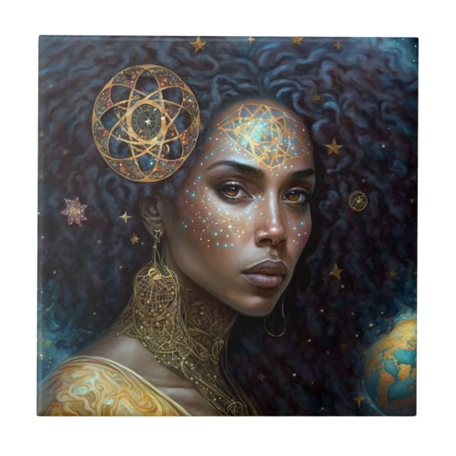 Azulejo La diosa negra afroamericana reina arte de fantasí (Frente)