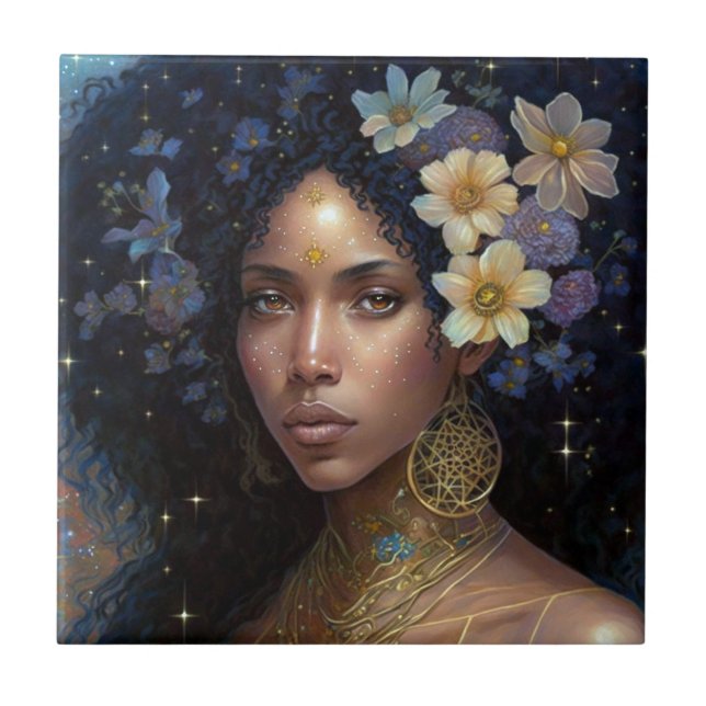 Azulejo La diosa negra afroamericana reina fantasía arte C (Frente)