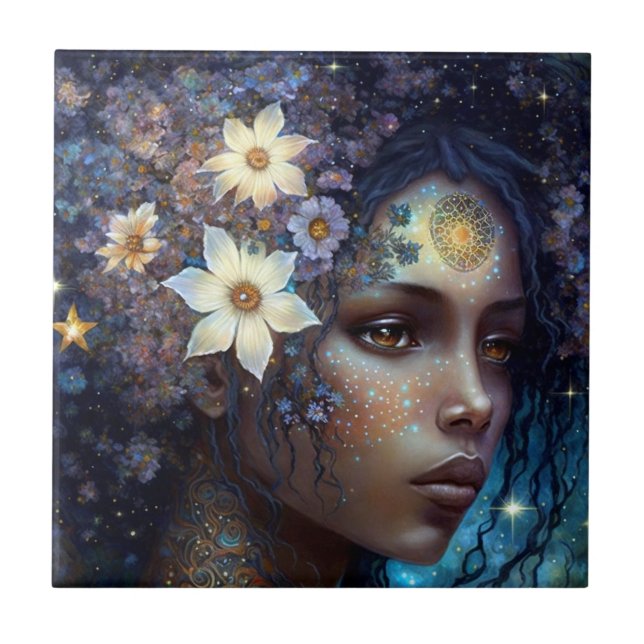 Azulejo La diosa negra afroamericana reina fantasía arte C (Frente)