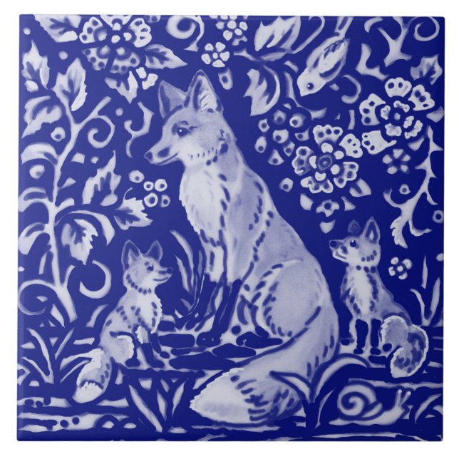 Azulejo La familia de animales Blue White Fox (Frente)