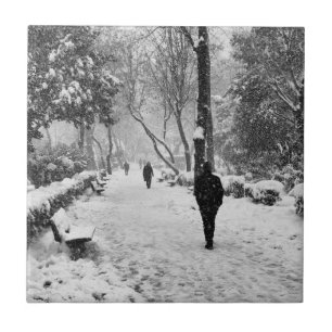 Azulejo La gente en el parque en un día de invierno nevado