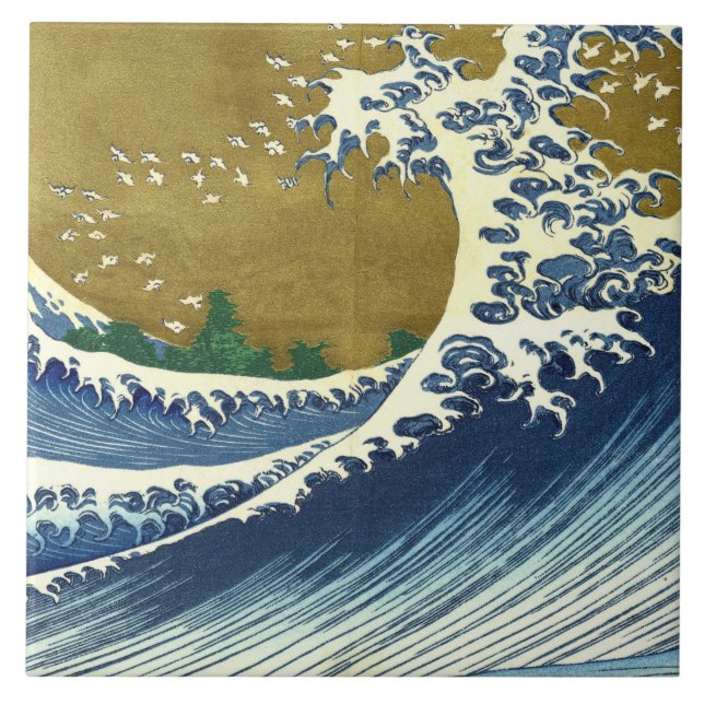 Azulejo La gran ola (arte japonés azul y oro, Hokusai) (Frente)