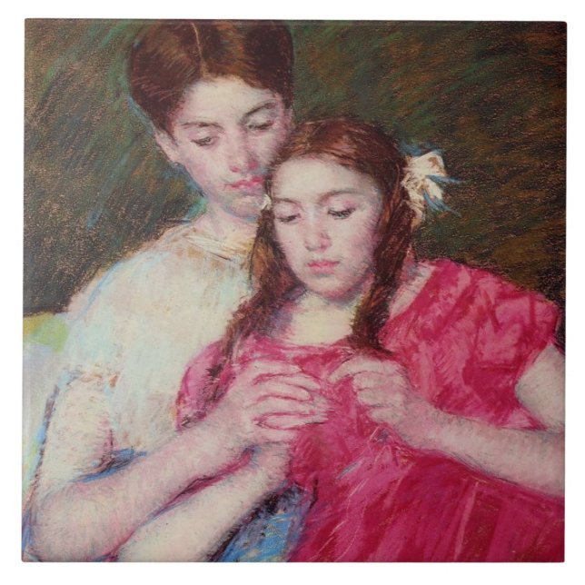 Azulejo La lección de Crochet (dos hermanas) (Frente)