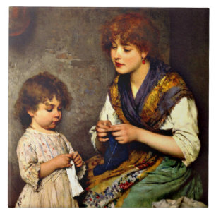Azulejo La lección de tejer, pintura de arte fino