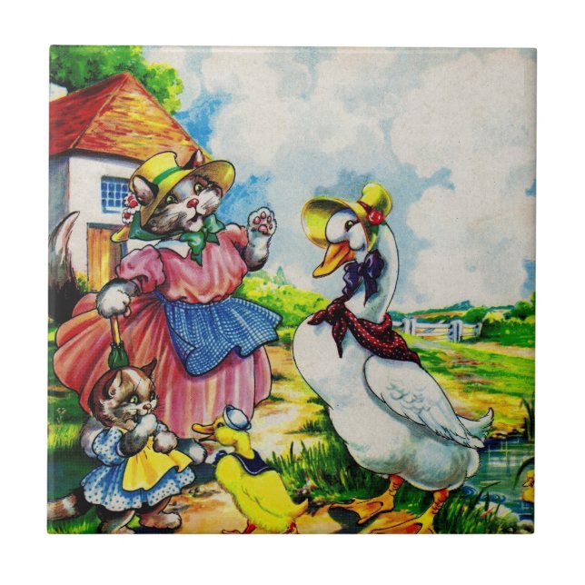 Azulejo La mamá gatita de los años 1930 y los bebés visita (Frente)
