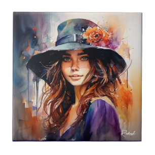 Azulejo La mujer del sombrero: Retrato de gracia vibrante