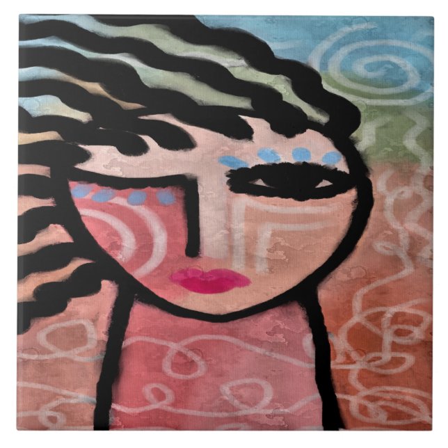 Azulejo La mujer y la pintura digital del resumen del sol (Frente)