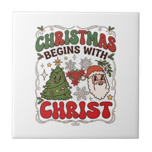 Azulejo La Navidad Comienza Cristo Papá Noel Árbol Copo de