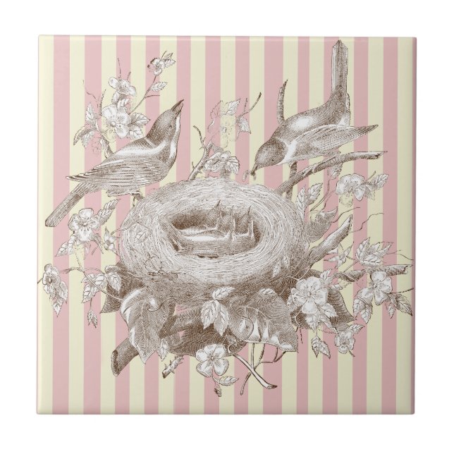 Azulejo La Petite Famille sobre fondo rosa y crema (Frente)