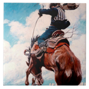 Azulejo La pintura occidental de NC Wyeth "Bucking"