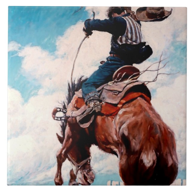 Azulejo La pintura occidental de NC Wyeth "Bucking" (Frente)
