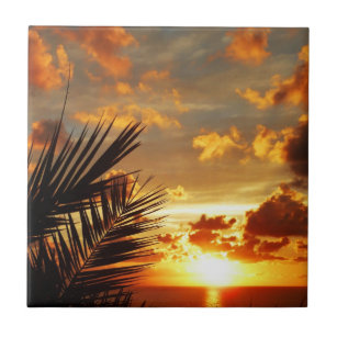 Azulejo La postal Golden Sunset Sea y Palmtree