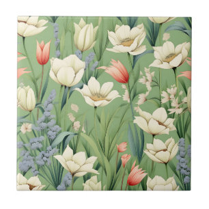 Azulejo La pradera con tulipanes y flores silvestres
