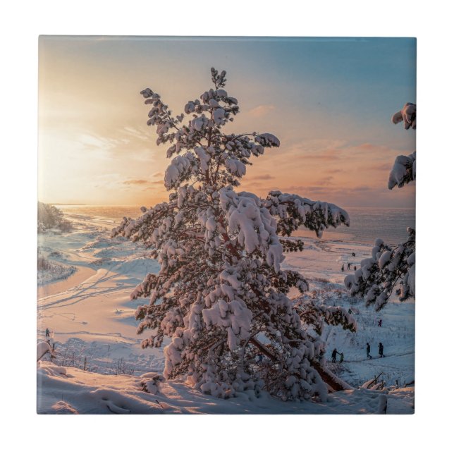 Azulejo La puesta de sol sobre la costa del mar con nevada (Frente)