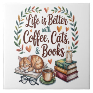 Azulejo La vida es mejor con café gatos libros