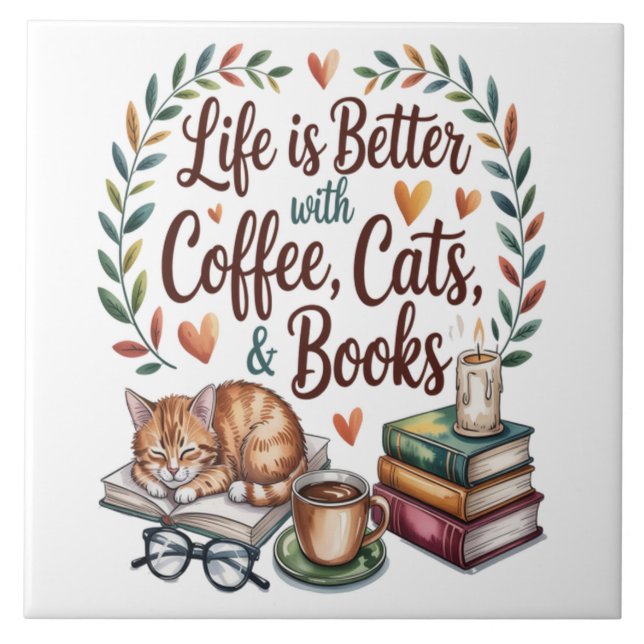 Azulejo La vida es mejor con café gatos libros (Frente)