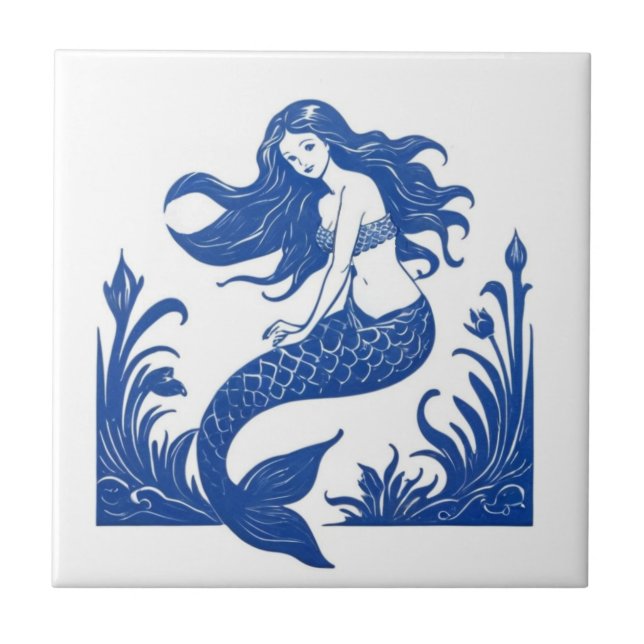 Azulejo La vida marina de la sirena en el océano azul y bl (Frente)