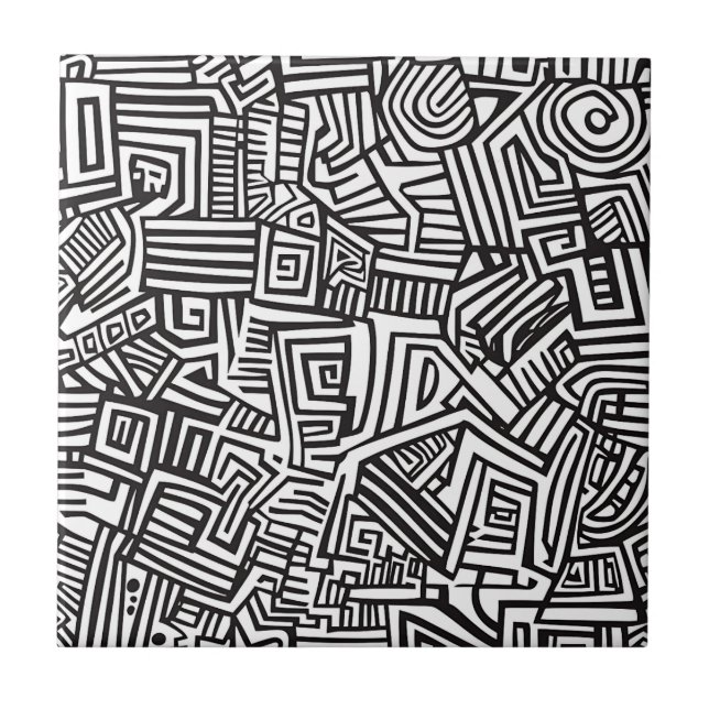 Azulejo Laberinto abstracto geométrico blanco y negro (Frente)