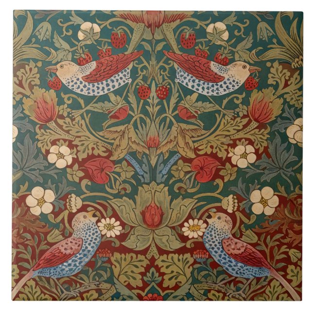 Azulejo Ladrón de Fresas Morris Azul Verde Rojo Arte Flora (Frente)