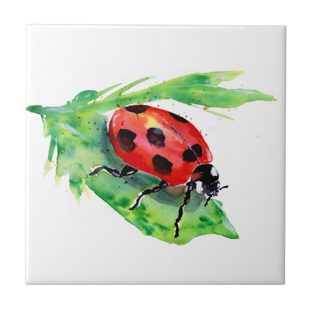 Azulejo Lady Bug en una hoja verde (Frente)