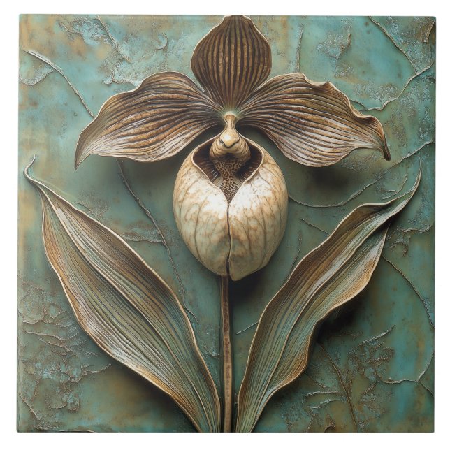 Azulejo Lady Slipper Orchid Faux Relief Flower (Frente)