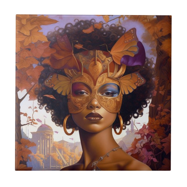 Azulejo Lady Viendo Máscara Negro Fantasía Arte (Frente)