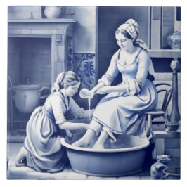 Azulejo Lady Washing Feet 1500 Delft Blue White Baño