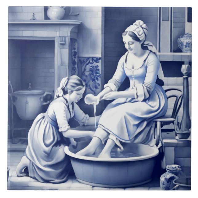 Azulejo Lady Washing Feet 1500 Delft Blue White Baño (Frente)